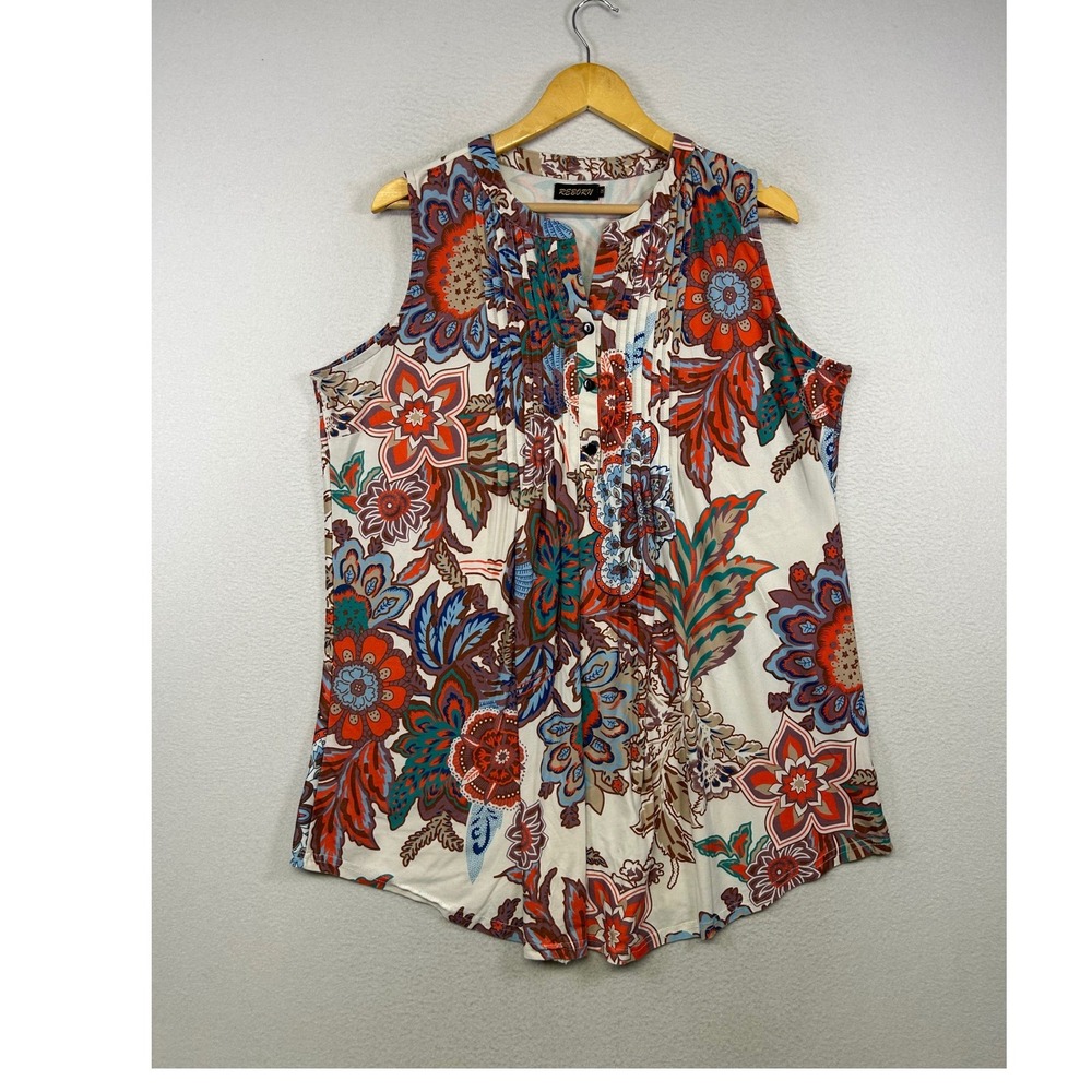Boho‎ Floral Reborn Womens 1X Multicolor Pintuck Pleated Sleeveless Blouse Top